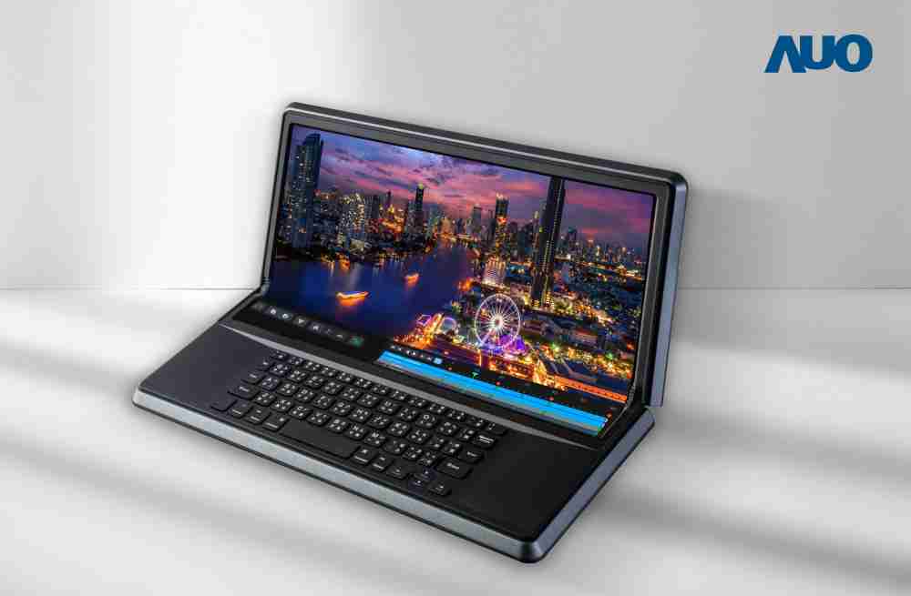 欧陆注册14.6吋Micro LED折迭显示屏幕，，，搭配半径4mm的弯折绞炼，，，以及高画素、、、高亮度、、高对比度的显示技术特点，，即便在大视角下仍保有绝佳色相与亮度